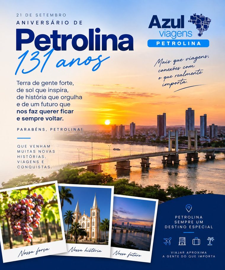 Arte dos 131 anos de Petrolina com a ponte sobre o Rio São Francisco
